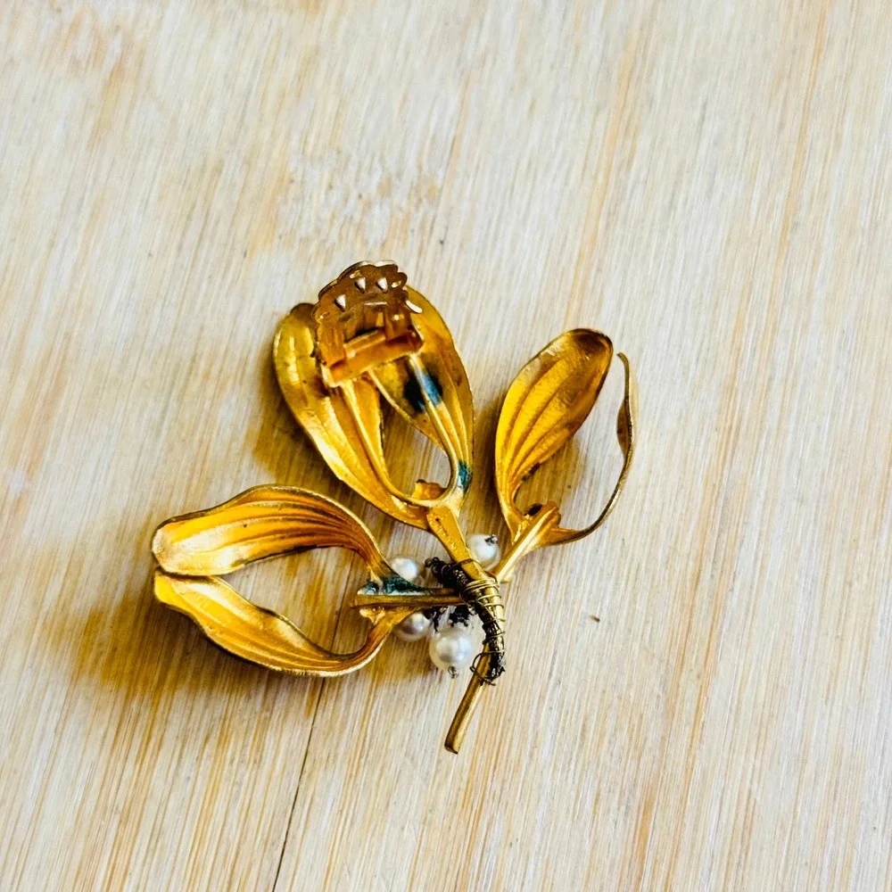 Floral Art Nouveau Mistletoe Pin Fur Dress Clip VTG Antique France Signed Motif